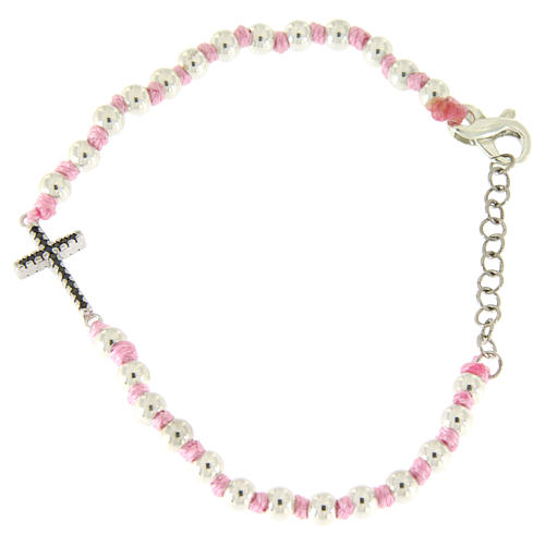 Bracelet with silver cross and black zircons, 3 mm black spheres and pink cord 1