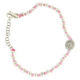 Bracelet with 3 mm silver beads, a pink cotton cord and a white zirconate Saint Rita medalet
