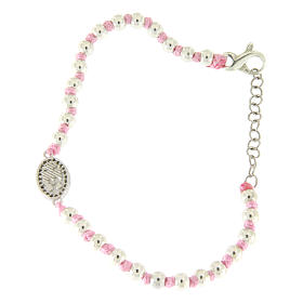 Bracelet with 3 mm silver beads, a pink cotton cord and a white zirconate Saint Rita medalet