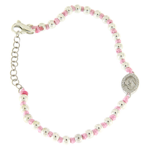 Bracelet with 3 mm silver beads, a pink cotton cord and a white zirconate Saint Rita medalet 1