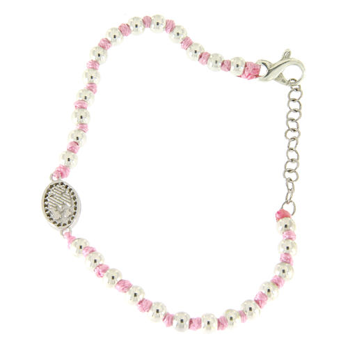 Bracelet with 3 mm silver beads, a pink cotton cord and a white zirconate Saint Rita medalet 2