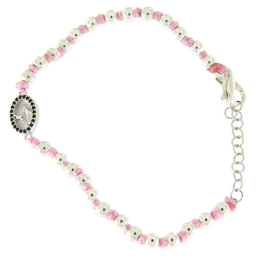 Bracelet with 3 mm silver beads, a pink cotton cord and a black zirconate Saint Rita medalet 1