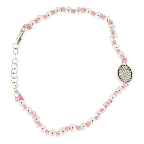 Bracelet with 3 mm silver beads, a pink cotton cord and a black zirconate Saint Rita medalet 2