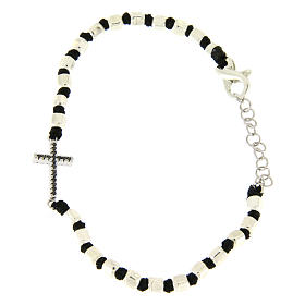 Pulseiras de Prata: Pulseira contas multifacetadas prata 2 mm em fio preto algodão cruz com zircões pretos