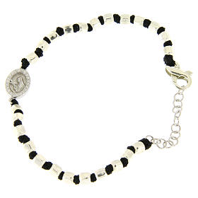 Bracciale sfere sfaccettate argento 2 mm, cordina nera cotone, medaglietta S. Rita zirconi bianchi