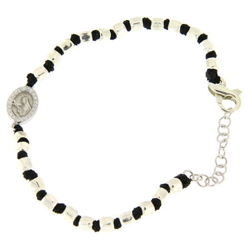 Bracciale sfere sfaccettate argento 2 mm, cordina nera cotone, medaglietta S. Rita zirconi bianchi 1