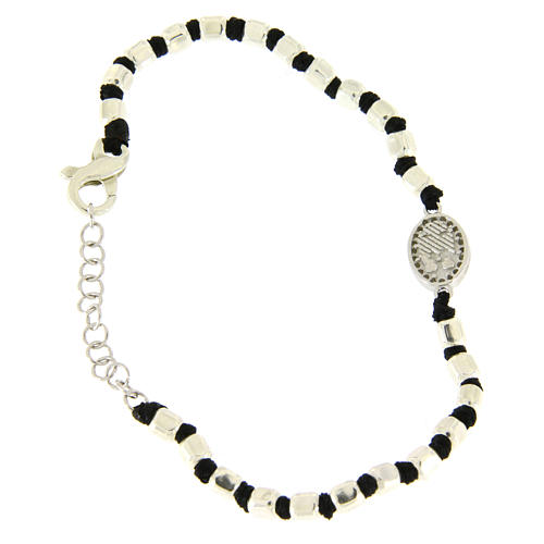 Bracciale sfere sfaccettate argento 2 mm, cordina nera cotone, medaglietta S. Rita zirconi bianchi 2
