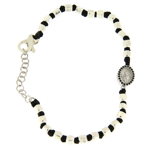 Bracelet perles à facettes argent 2 mm corde noire coton médaille Ste Rita avec zircons noirs 1