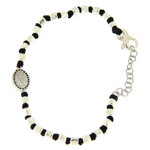 Bracelet with silver beads sized 2 mm on a black cotton cord and a black zirconate Saint Rita medalet 2
