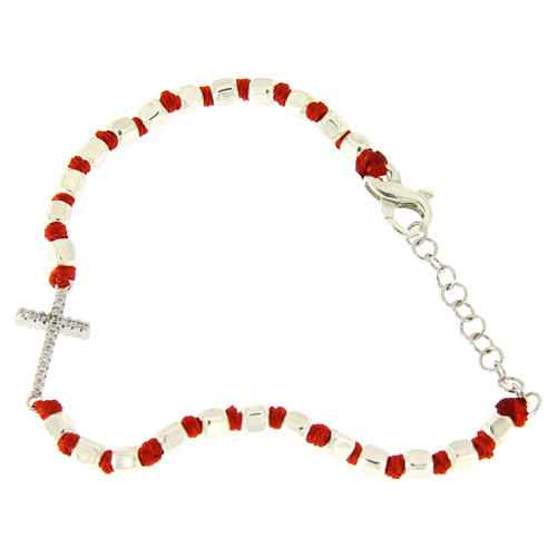 Bracelet perles cubiques argent 2 mm croix zircons blancs corde rouge 1