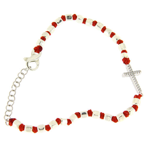 Bracelet perles cubiques argent 2 mm croix zircons blancs corde rouge 2