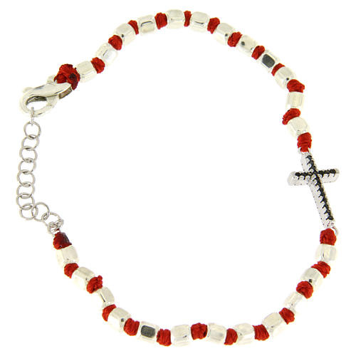 Bracelet perles cubiques argent 2 mm croix zircons noirs et corde rouge 2