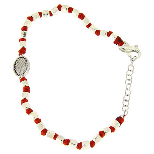 Bracelet perles facettes argent 2 mm corde rouge en coton médaille Ste Rita zircons noirs 2