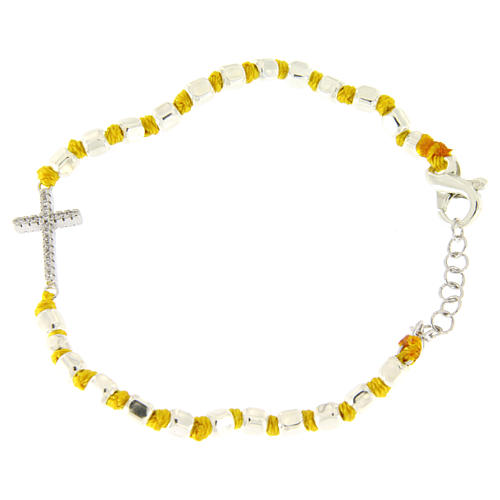 Bracelet perles facettes argent 2 mm croix zircons blancs et corde jaune en coton 1
