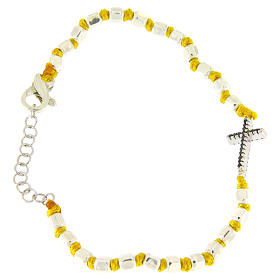 Bracelet perles facettes argent 2 mm croix zircons noirs et corde coton jaune