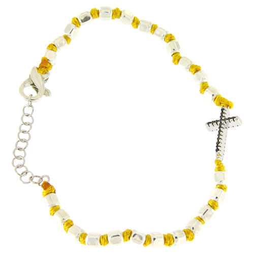 Bracelet perles facettes argent 2 mm croix zircons noirs et corde coton jaune 1