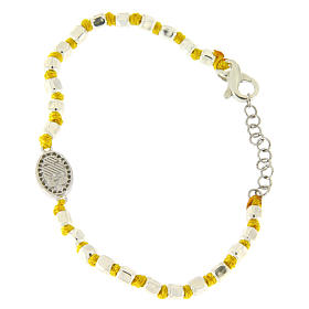 Bracelet with multifaceted spheres sized 2 mm with white zirconate Saint Rita medalet on yellow cotton cord