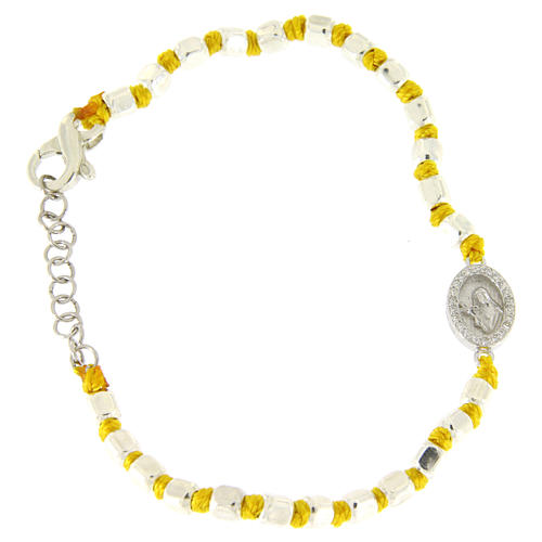 Bracelet perles facettes argent 2 mm noeuds coton jaune médaille Ste Rita zircons blancs 1