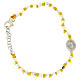 Bracelet with multifaceted spheres sized 2 mm with white zirconate Saint Rita medalet on yellow cotton cord s1