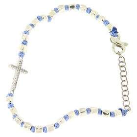 Bracciale croce zirconata bianca, sfere cubiche 2 mm e nodi azzurri