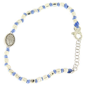 Bracelet grains à facettes 2 mm argent corde bleu clair coton médaille Ste Rita zircons blancs