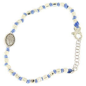 Bracelet with 2 mm multifaceted beads in silver, light blue cord and Saint Rita medal with white zircons