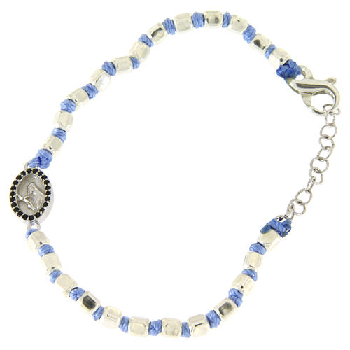 Bracelet grains à facettes 2 mm argent corde bleu clair coton médaille Ste Rita zircons noirs 1