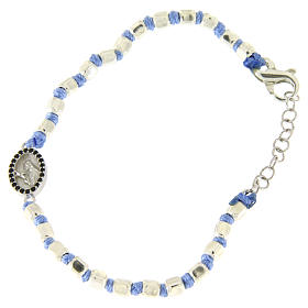Bracciale sfere sfaccettate argento 2 mm, cordina con nodi azzurra, medaglietta S. Rita zirconi neri