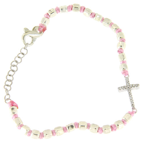 Bracelet with cubic sphere 2 mm, zirconate cross, pink cord with knot 1