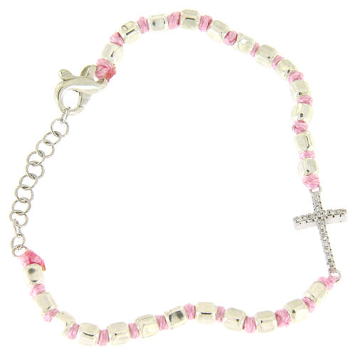 Bracelet perles cubiques argent 2 mm croix zircons corde rose avec noeuds 1