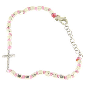 Bracciale sfera cubica argento 2 mm, croce zirconata, cordina rosa con nodo