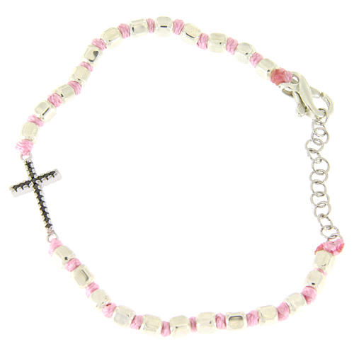 Bracelet perles cubiques argent 2 mm croix zircons noirs corde rose avec noeuds 1