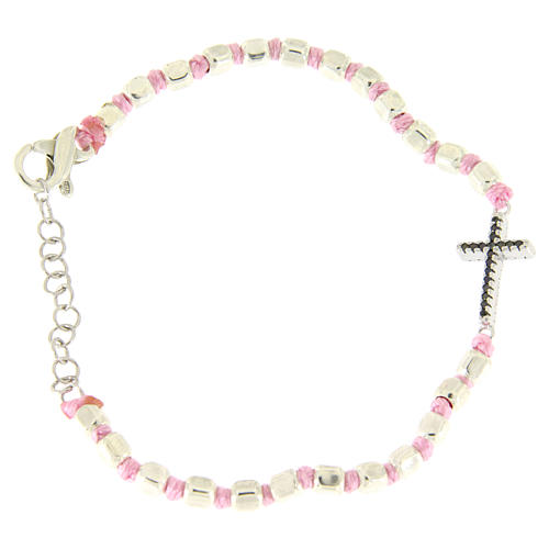 Bracelet perles cubiques argent 2 mm croix zircons noirs corde rose avec noeuds 2