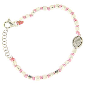 Bracelet with multifaceted silver beads 2 mm, pink cotton cord and Saint Rita medal with white zircons