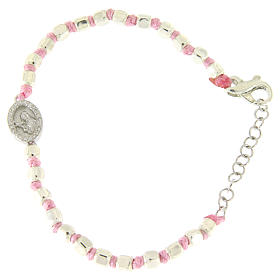 Bracelet perles à facettes argent 2 mm corde rose en coton médaille Ste Rita zircons blancs