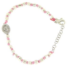 Pulseira contas multifacetadas prata 2 mm fio cor-de-rosa algodão medalha S. Rita zircões brancos