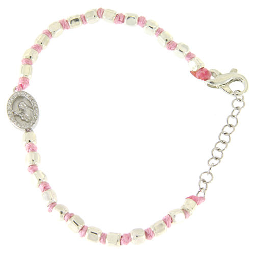 Bracelet with multifaceted silver beads 2 mm, pink cotton cord and Saint Rita medal with white zircons 1