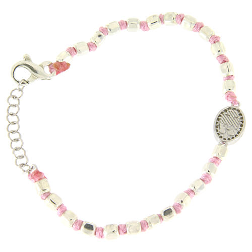 Bracelet with multifaceted silver beads 2 mm, pink cotton cord and Saint Rita medal with white zircons 2