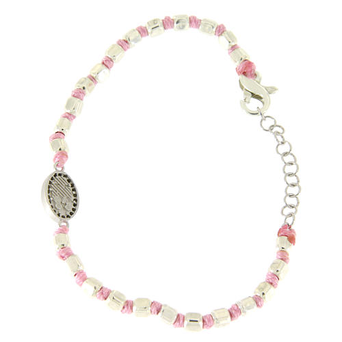 Bracelet with multifaceted silver beads 2 mm, pink cotton cord and Saint Rita medal with black zircons 2