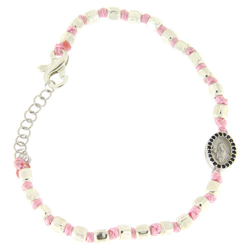 Bracelet perles à facettes argent 2 mm corde rose en coton médaille Ste Rita zircons noirs 1