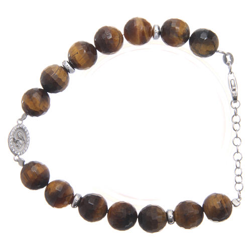 Bracelet with tiger's eye beads 9 mm and white zirconate medal in 925 sterling silver 1