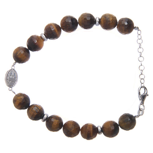 Bracelet with tiger's eye beads 9 mm and white zirconate medal in 925 sterling silver 2
