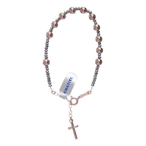 Rosary bracelet in 925 sterling silver with smooth rosè hematite beads 1
