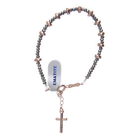 Pulseira terço prata 925 fio metálico contas argolas hematita rosê lapidada