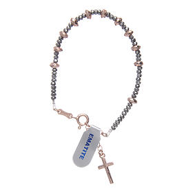 Pulseira terço prata 925 fio metálico contas argolas hematita rosê lapidada
