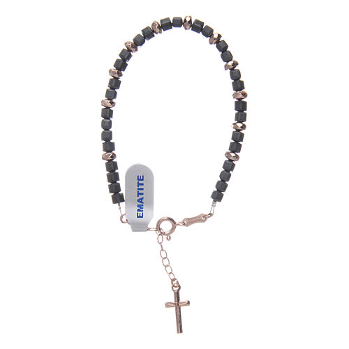 Rosary bracelet in 925 sterling silver with pearl beads and small rosè hematite washers 1