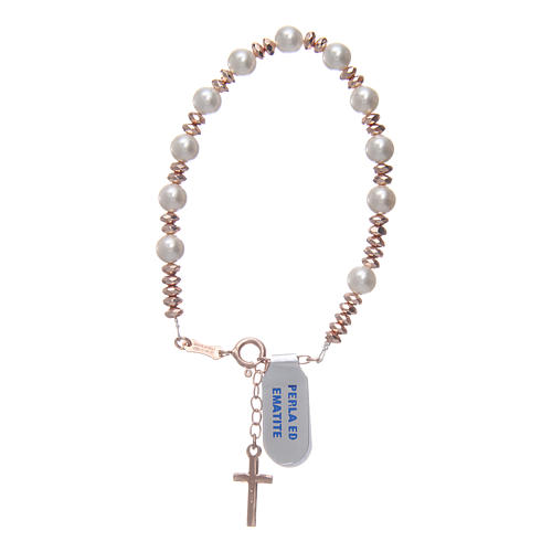 Bracciale rosario in cavetto argento 925 palline perla e rondelle ematite rosé 2