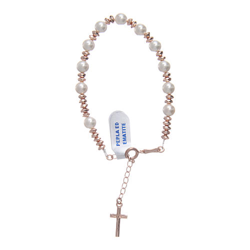 Rosary bracelet in 925 sterling silver with pearl beads and small rosè hematite washers 1