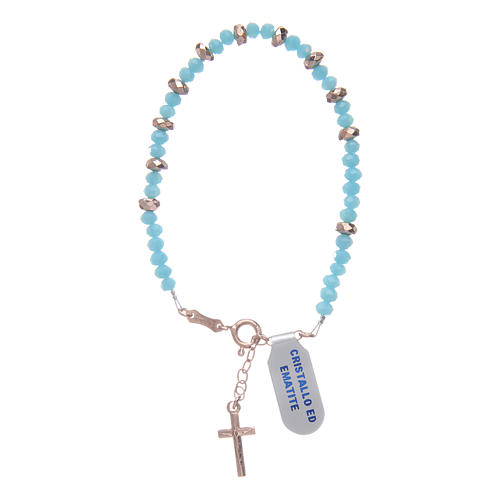 Rosary bracelet in 925 sterling silver with cord in light blue crystal and cipollino marble and small rosè hematite washers 1