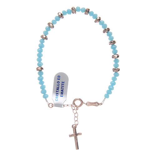 Rosary bracelet in 925 sterling silver with cord in light blue crystal and cipollino marble and small rosè hematite washers 2